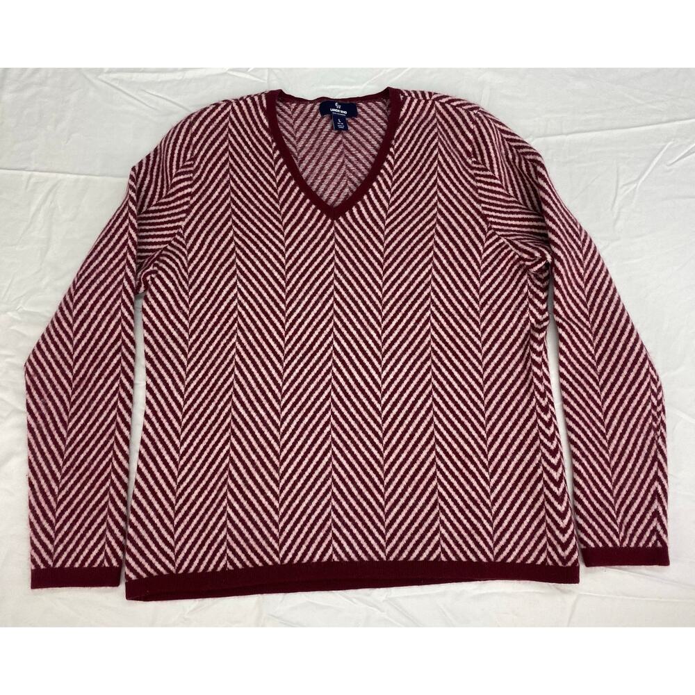 Women Land's End 100% cashmere v-neck chevron stripe pullover sweater L 14-16